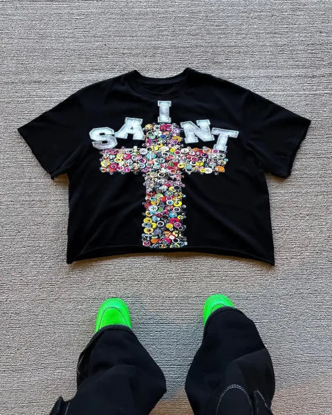 Harajuku Vintage Cross Oversized T-Shirt - Unisex Goth Streetwear Cotton Top - black / L