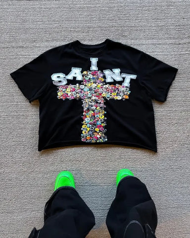 Harajuku Vintage Cross Oversized T-Shirt - Unisex Goth Streetwear Cotton Top - black / L