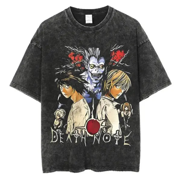 Death Note Anime Graphic T-Shirt - Vintage Washed Oversized Cotton Streetwear Tee (Unisex) - black-SIK040C / XL