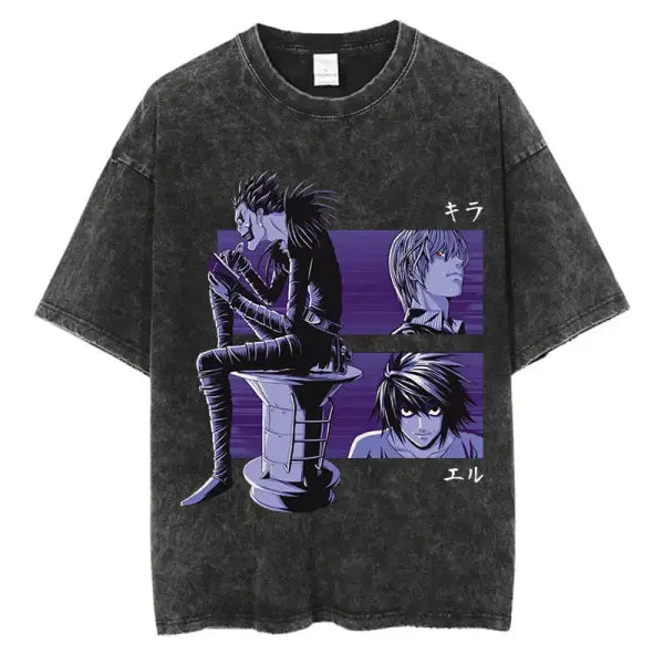 Death Note Anime Graphic T-Shirt - Vintage Washed Oversized Cotton Streetwear Tee (Unisex) - black-SIK002A / XL