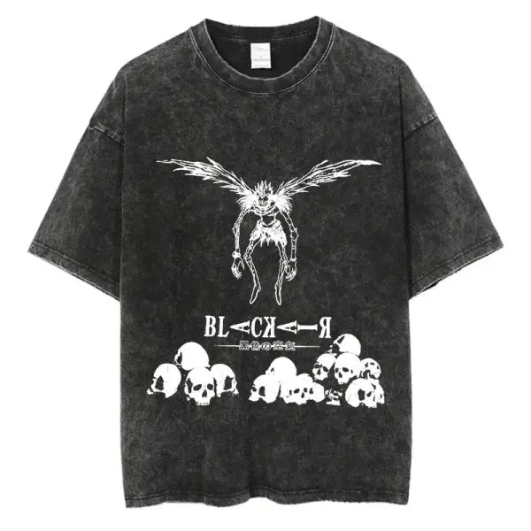 Death Note Anime Graphic T-Shirt - Vintage Washed Oversized Cotton Streetwear Tee (Unisex) - black-SIK077C / XL