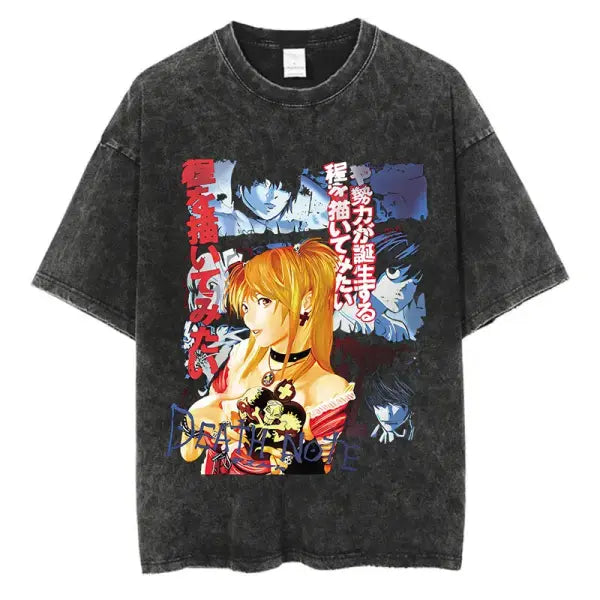 Death Note Anime Graphic T-Shirt - Vintage Washed Oversized Cotton Streetwear Tee (Unisex) - black-SIK043C / XXXL