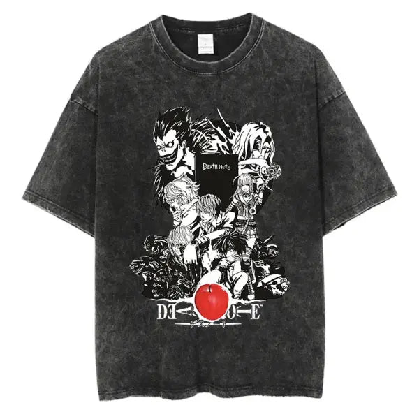 Death Note Anime Graphic T-Shirt - Vintage Washed Oversized Cotton Streetwear Tee (Unisex) - black-SIL002B / M