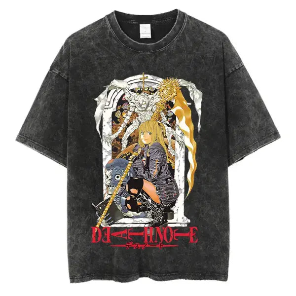 Death Note Anime Graphic T-Shirt - Vintage Washed Oversized Cotton Streetwear Tee (Unisex) - black-SIK065C / XL