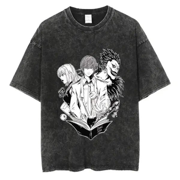 Death Note Anime Graphic T-Shirt - Vintage Washed Oversized Cotton Streetwear Tee (Unisex) - black-SIK022C / XL