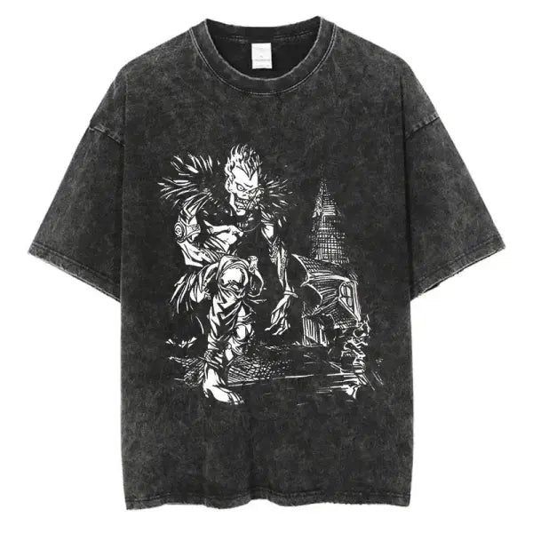 Death Note Anime Graphic T-Shirt - Vintage Washed Oversized Cotton Streetwear Tee (Unisex) - black-SIK035C / XL