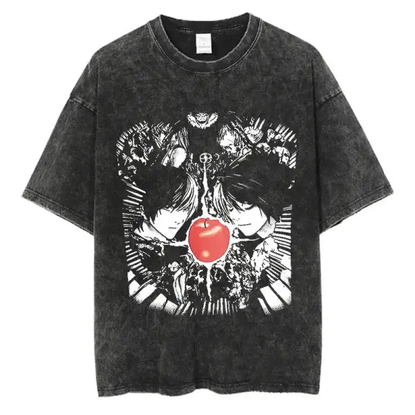 Death Note Anime Graphic T-Shirt - Vintage Washed Oversized Cotton Streetwear Tee (Unisex) - black-SIK038C / M