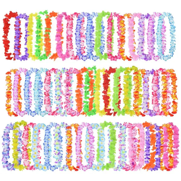 Hawaiian Birthday Party Flower Leis Artificial Silk Garland Luau Favors - Random Mix / 50Pcs