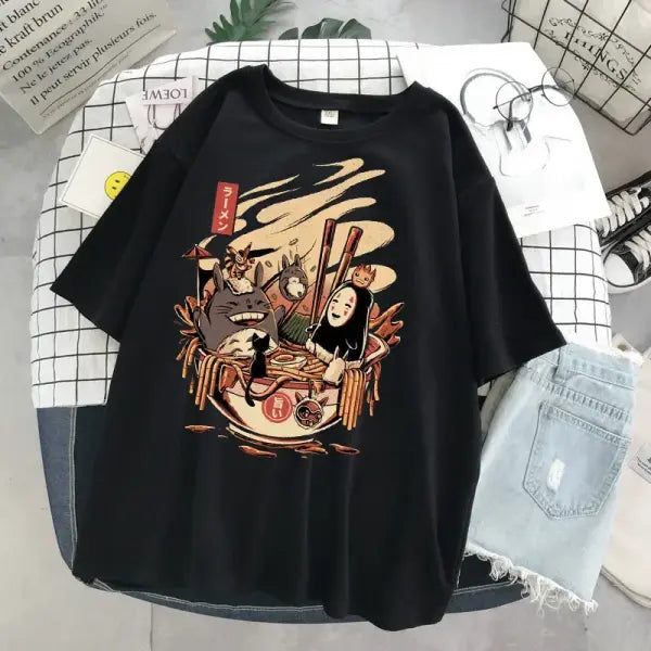 Studio Ghibli My Neighbor Totoro T-Shirt - Unisex Harajuku Anime Graphic Tee (Casual Loose Fit) - Black 4 / XL