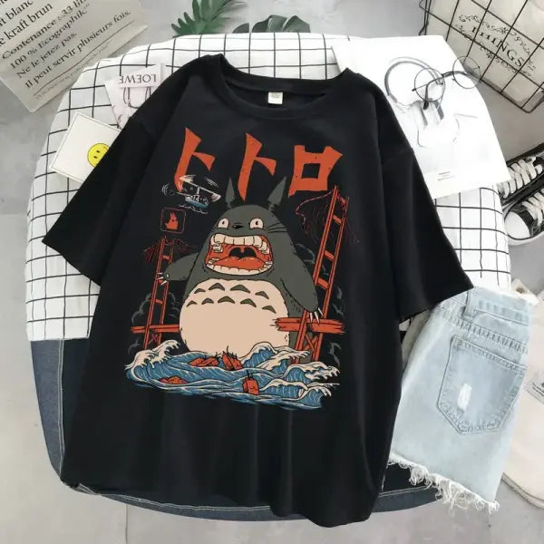 Studio Ghibli My Neighbor Totoro T-Shirt - Unisex Harajuku Anime Graphic Tee (Casual Loose Fit) - Black 1 / XXL
