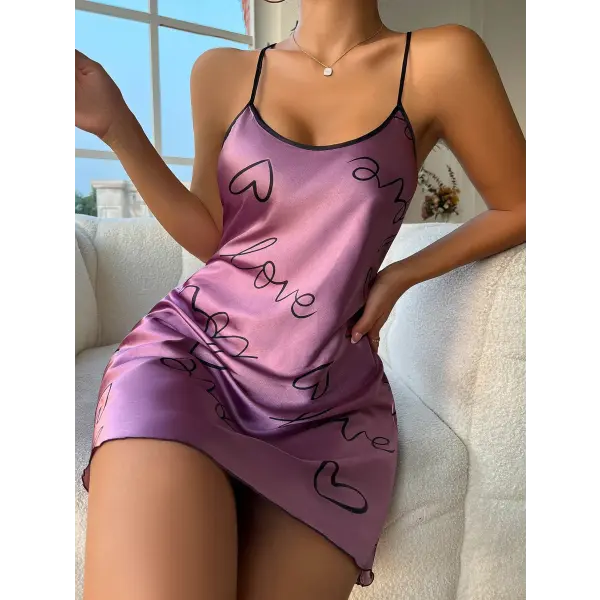 Heart Letter Print Nightdress Casual Round Neck Spaghetti Strap Sleep Dress Women’s Sleepwear Dresses