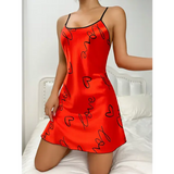 Heart Letter Print Nightdress Casual Round Neck Spaghetti Strap Sleep Dress Women’s Sleepwear Dresses - red / S