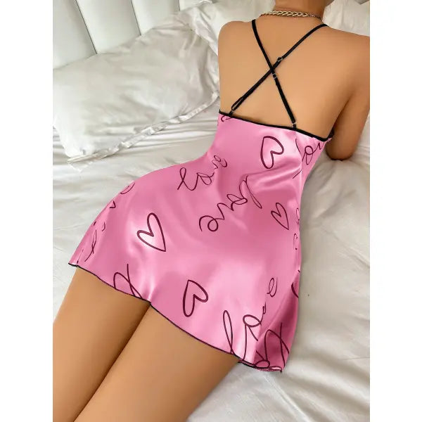 Women’s Heart Print Spaghetti Strap Nightgown - Soft Casual Sleep Dress & Loungewear - Pink / M