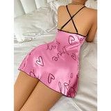 Heart Letter Print Nightdress Casual Round Neck Spaghetti Strap Sleep Dress Women’s Sleepwear Dresses - Pink / M