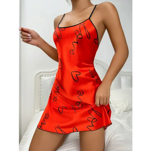 Heart Letter Print Nightdress Casual Round Neck Spaghetti Strap Sleep Dress Women’s Sleepwear Dresses