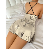 Heart Letter Print Nightdress Casual Round Neck Spaghetti Strap Sleep Dress Women’s Sleepwear Dresses - Champagne / XL