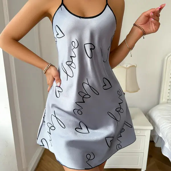 Heart Letter Print Nightdress Casual Round Neck Spaghetti Strap Sleep Dress Women’s Sleepwear Dresses - grey / XL