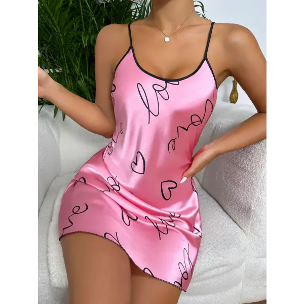 Heart Letter Print Nightdress Casual Round Neck Spaghetti Strap Sleep Dress Women’s Sleepwear Dresses - pink / M