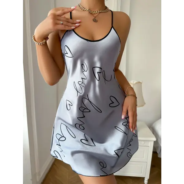 Heart Letter Print Nightdress Casual Round Neck Spaghetti Strap Sleep Dress Women’s Sleepwear Dresses