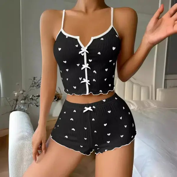 Heart Print Pajama Set Ribbed Short Length – Soft Frill Loungewear - 1 / L
