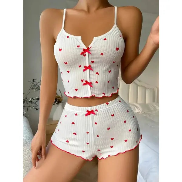 Heart Print Pajama Set Ribbed Short Length – Soft Frill Loungewear