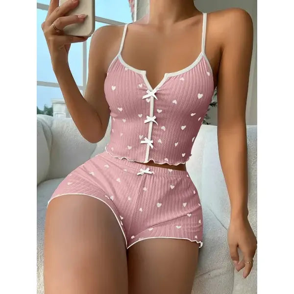 Heart Print Pajama Set Ribbed Short Length – Soft Frill Loungewear