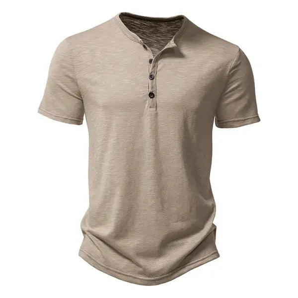 Men’s Premium Cotton Henley T-Shirt - Casual Short Sleeve Button Placket Summer Polo Tee - khaki / US M