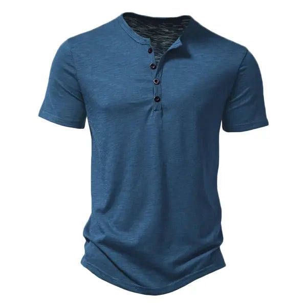 Men’s Premium Cotton Henley T-Shirt - Casual Short Sleeve Button Placket Summer Polo Tee - denim blue / US M
