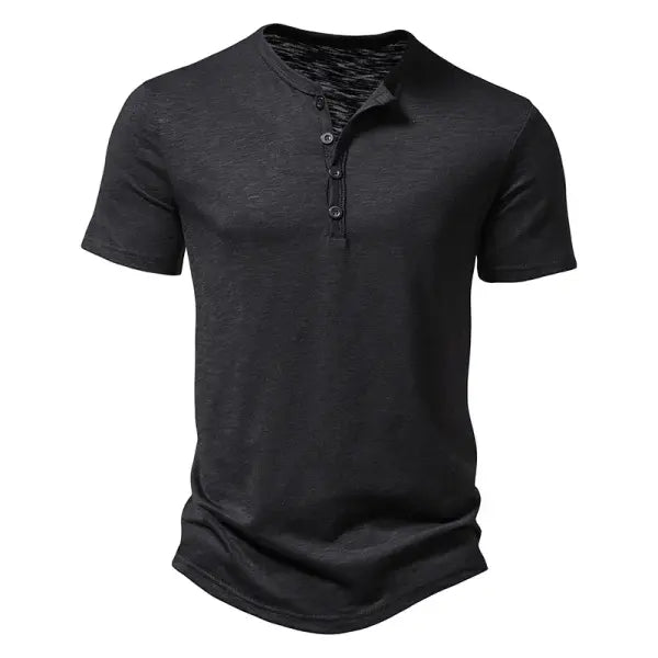 Men’s Premium Cotton Henley T-Shirt - Casual Short Sleeve Button Placket Summer Polo Tee - black / XXXL
