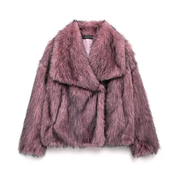 Women’s Elegant Faux Fur Coat – Warm Fluffy Lapel Jacket Loose Long Sleeve Autumn/Winter Outerwear - Purple Pink / L