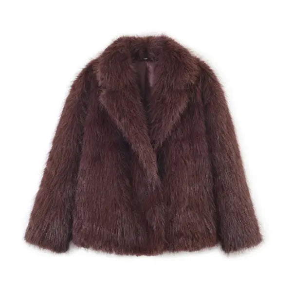 Women’s Elegant Faux Fur Coat – Warm Fluffy Lapel Jacket Loose Long Sleeve Autumn/Winter Outerwear - Red Brown / M