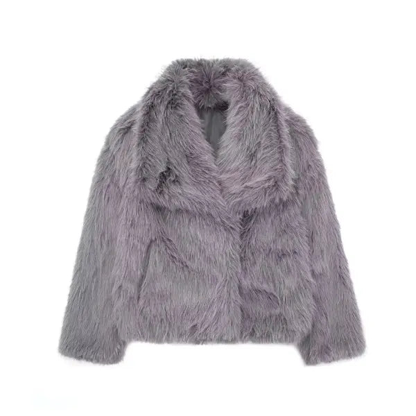 Women’s Elegant Faux Fur Coat – Warm Fluffy Lapel Jacket Loose Long Sleeve Autumn/Winter Outerwear - Grey / L