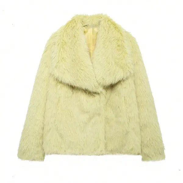 Women’s Elegant Faux Fur Coat – Warm Fluffy Lapel Jacket Loose Long Sleeve Autumn/Winter Outerwear - Yellow / L