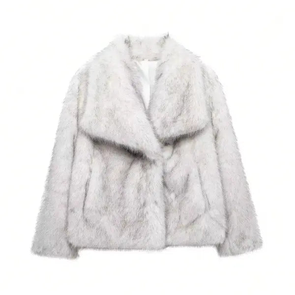 Women’s Elegant Faux Fur Coat – Warm Fluffy Lapel Jacket Loose Long Sleeve Autumn/Winter Outerwear - White Grey / XS