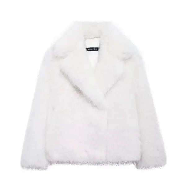 Women’s Elegant Faux Fur Coat – Warm Fluffy Lapel Jacket Loose Long Sleeve Autumn/Winter Outerwear - White 002 / M