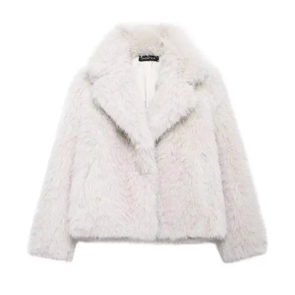 Women’s Elegant Faux Fur Coat – Warm Fluffy Lapel Jacket Loose Long Sleeve Autumn/Winter Outerwear - Beige 002 / M