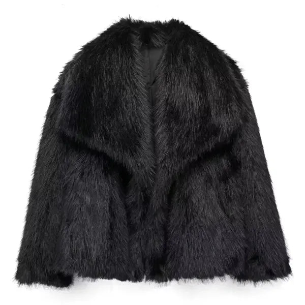 Women’s Elegant Faux Fur Coat – Warm Fluffy Lapel Jacket Loose Long Sleeve Autumn/Winter Outerwear - Black / L