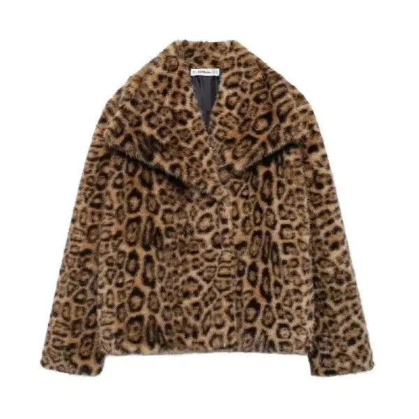 Women’s Elegant Faux Fur Coat – Warm Fluffy Lapel Jacket Loose Long Sleeve Autumn/Winter Outerwear - Light Leopard / L