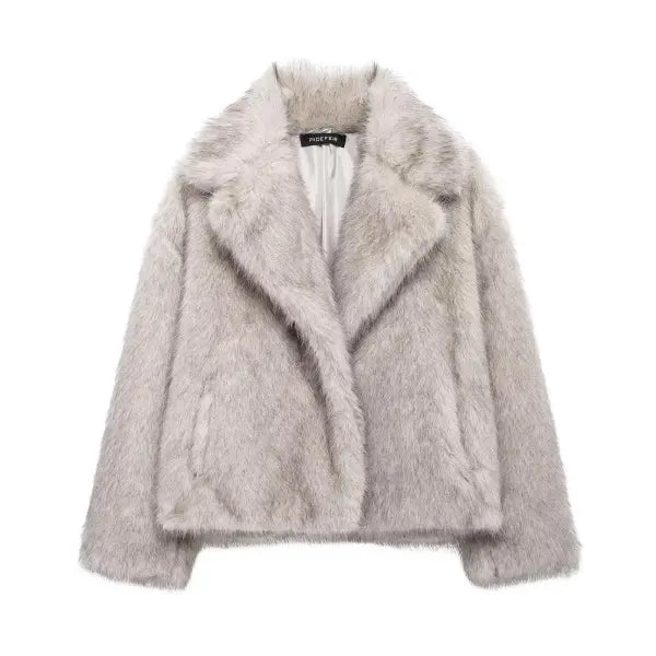 Women’s Elegant Faux Fur Coat – Warm Fluffy Lapel Jacket Loose Long Sleeve Autumn/Winter Outerwear - Grey 002 / M
