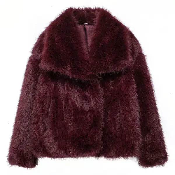 Women’s Elegant Faux Fur Coat – Warm Fluffy Lapel Jacket Loose Long Sleeve Autumn/Winter Outerwear - Wine Red / L