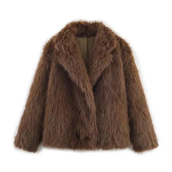 Women’s Elegant Faux Fur Coat – Warm Fluffy Lapel Jacket Loose Long Sleeve Autumn/Winter Outerwear - Golden Brown / XS