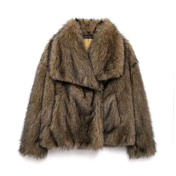 Women’s Elegant Faux Fur Coat – Warm Fluffy Lapel Jacket Loose Long Sleeve Autumn/Winter Outerwear - Dark Brown / L