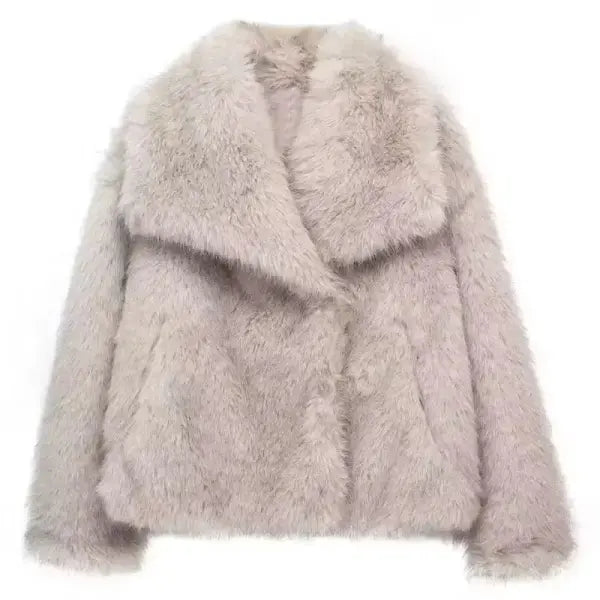 Women’s Elegant Faux Fur Coat – Warm Fluffy Lapel Jacket Loose Long Sleeve Autumn/Winter Outerwear - Beige Grey / XS