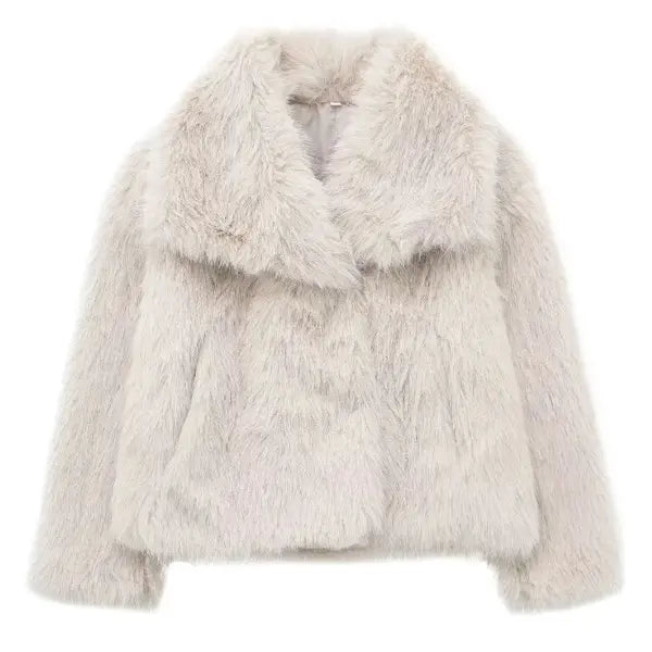 Women’s Elegant Faux Fur Coat – Warm Fluffy Lapel Jacket Loose Long Sleeve Autumn/Winter Outerwear - Beige White / L