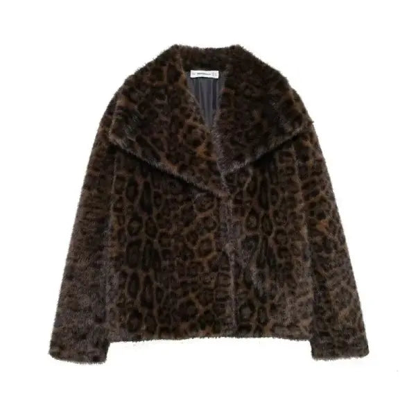 Women’s Elegant Faux Fur Coat – Warm Fluffy Lapel Jacket Loose Long Sleeve Autumn/Winter Outerwear - Dark Leopard / L