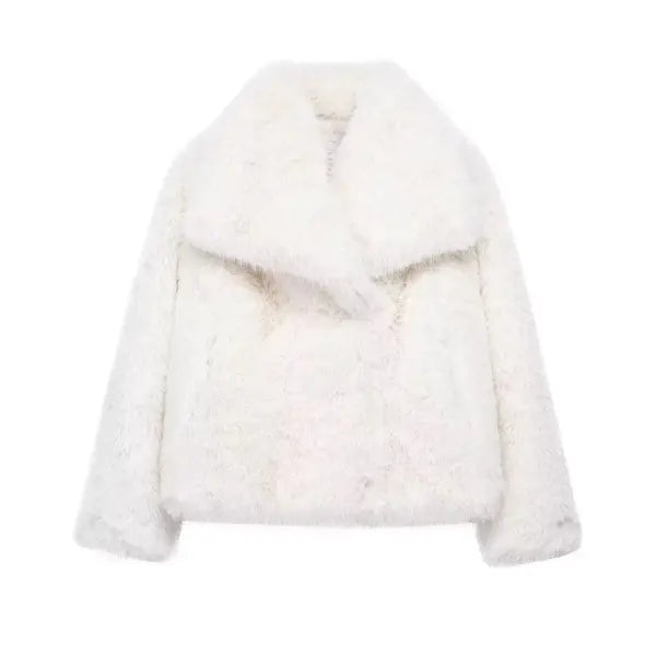 Women’s Elegant Faux Fur Coat – Warm Fluffy Lapel Jacket Loose Long Sleeve Autumn/Winter Outerwear - White / XS