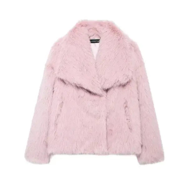 Women’s Elegant Faux Fur Coat – Warm Fluffy Lapel Jacket Loose Long Sleeve Autumn/Winter Outerwear - Pink / L