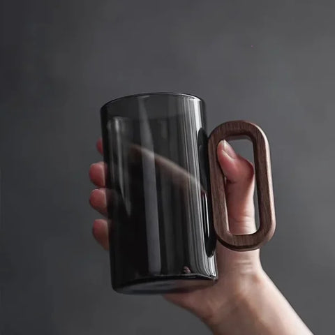 High Borosilicate Glass Wood Cup – Large Capacity Tea & Coffee Mug - Gray 1pc / 350ML