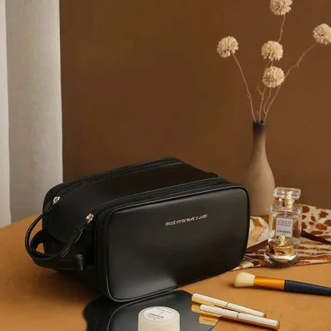 High-Capacity Double Zipper U-Shaped Cosmetic Bag in PU Leather - Himpall