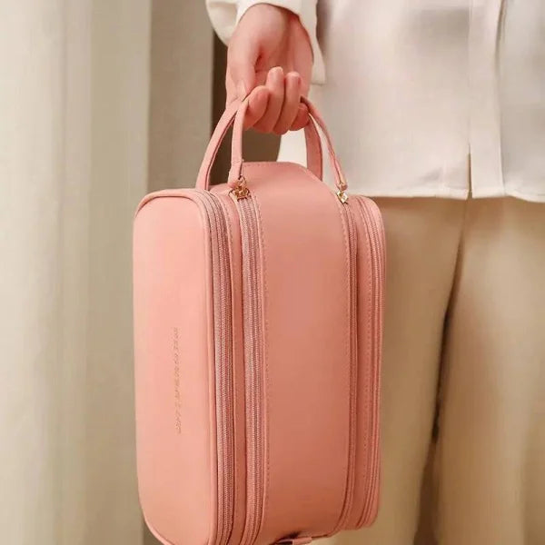 High-Capacity Double Zipper U-Shaped Cosmetic Bag in PU Leather - Himpall